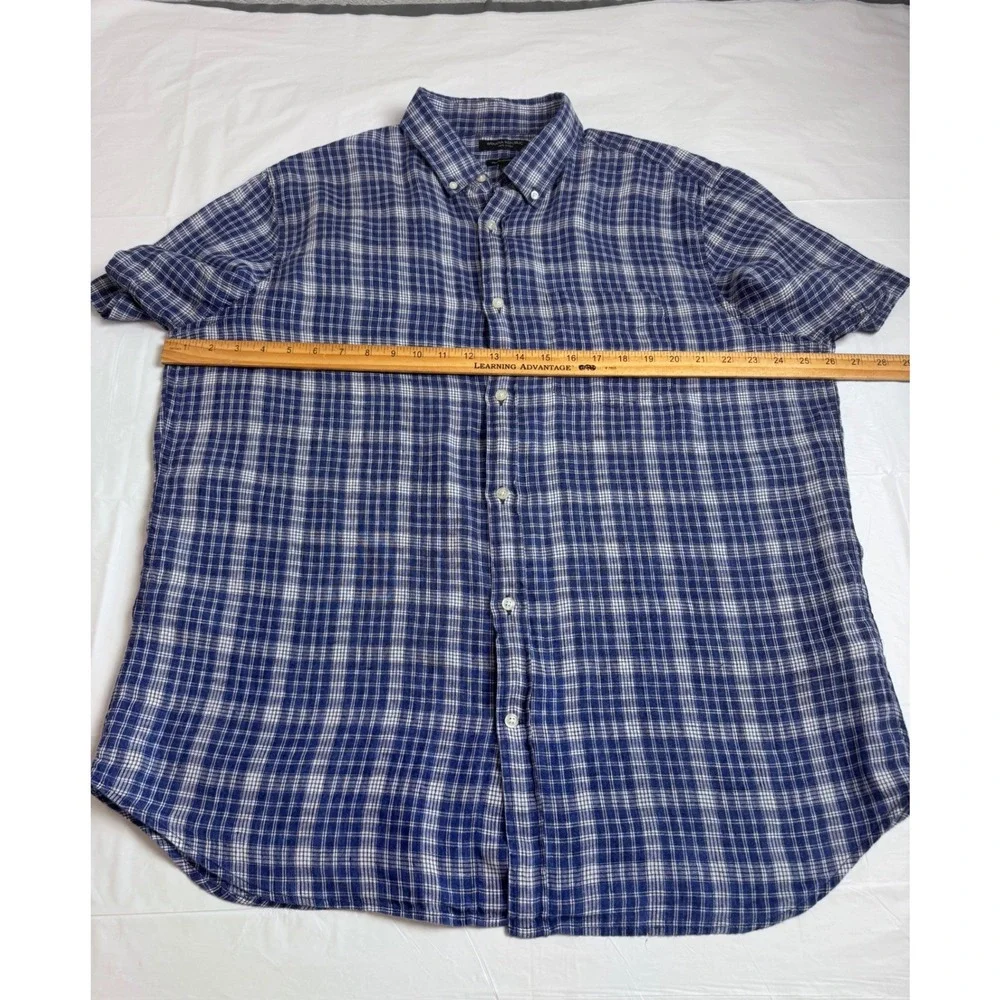 Banana Republic Mens XL Blue Plaid 100% Linen Short Sleeve Shirt Camden Fit